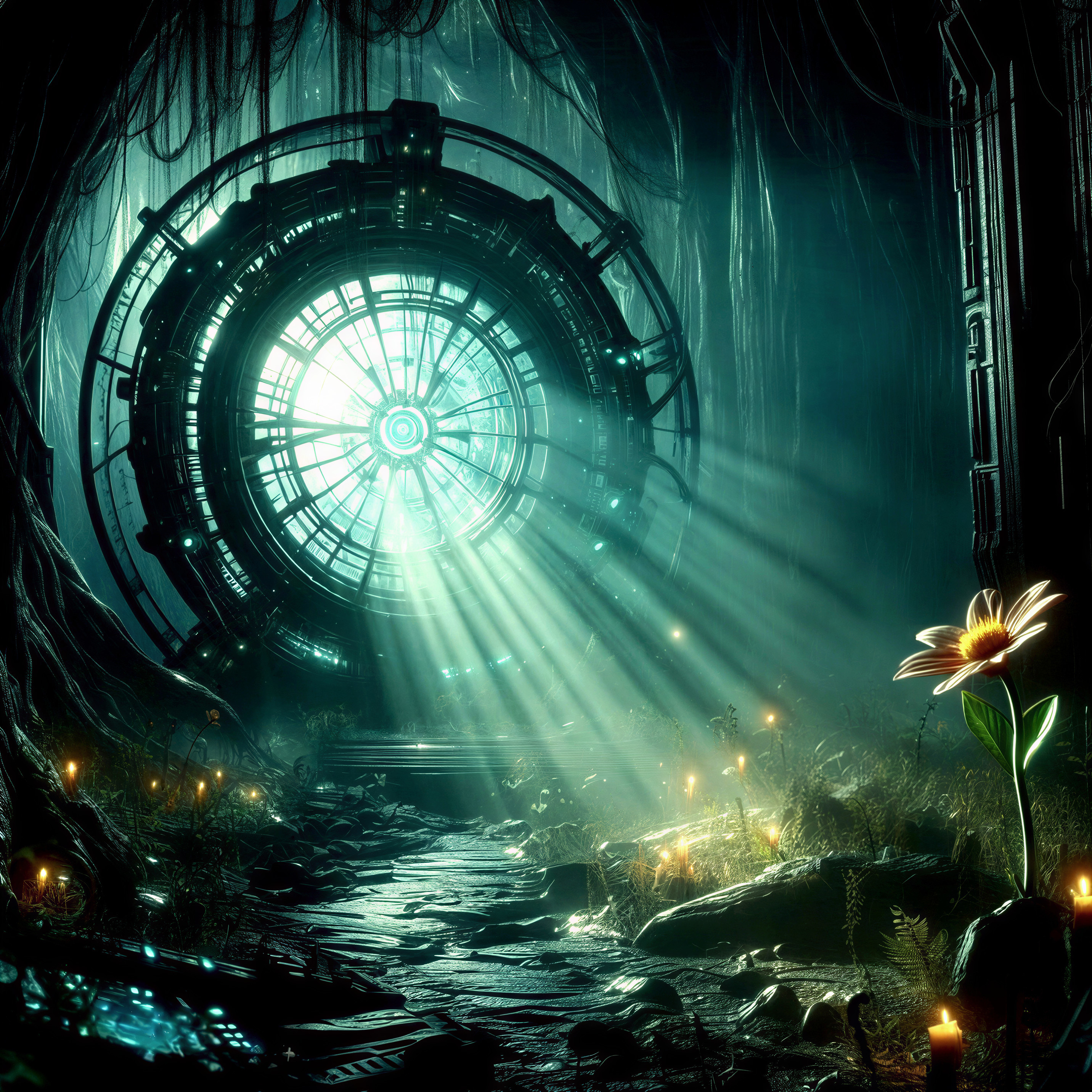 Luminous Portal in Dark Overgrown Cavern Scene