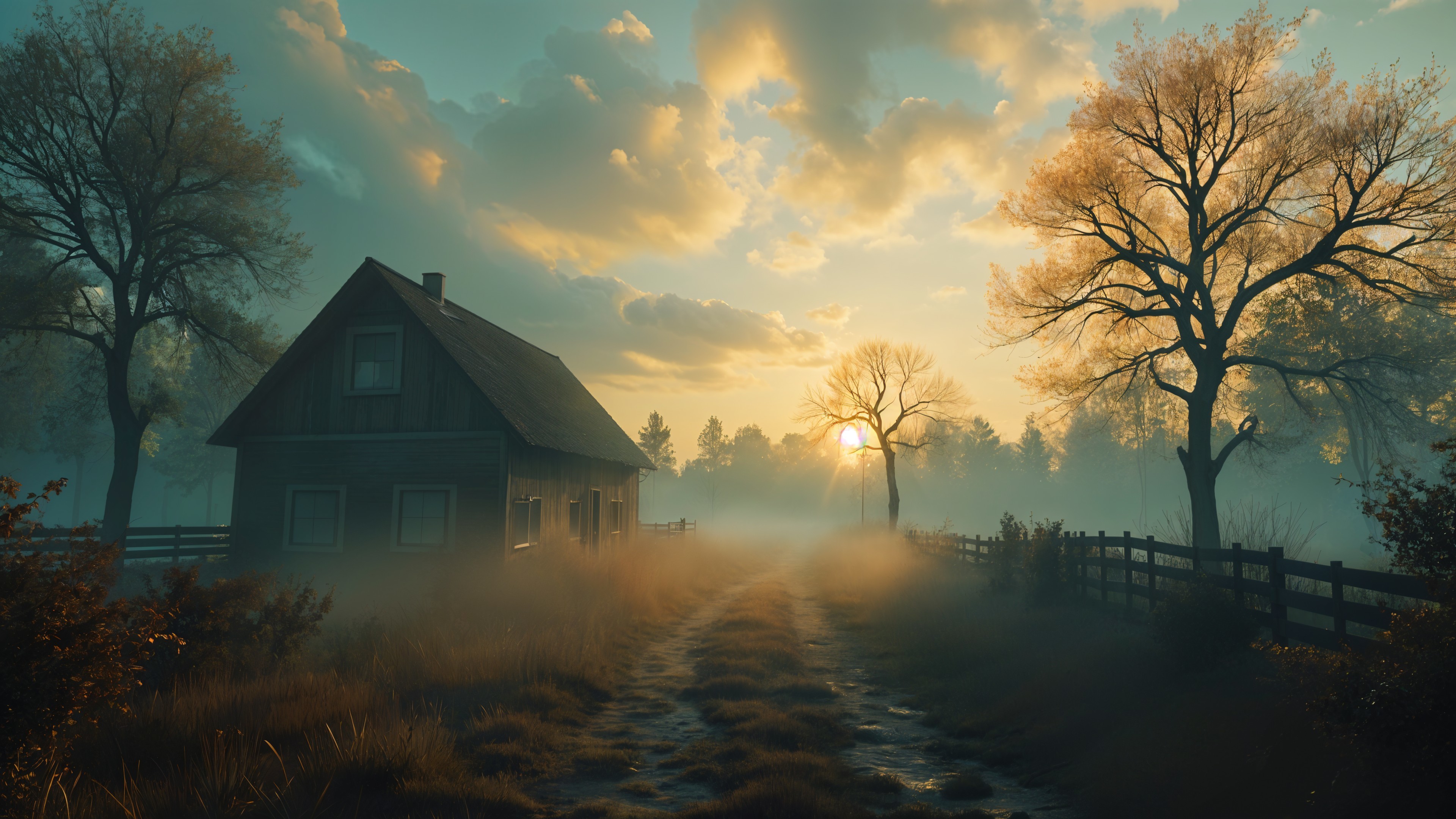 Serene Countryside Scene at Sunset with Wooden House