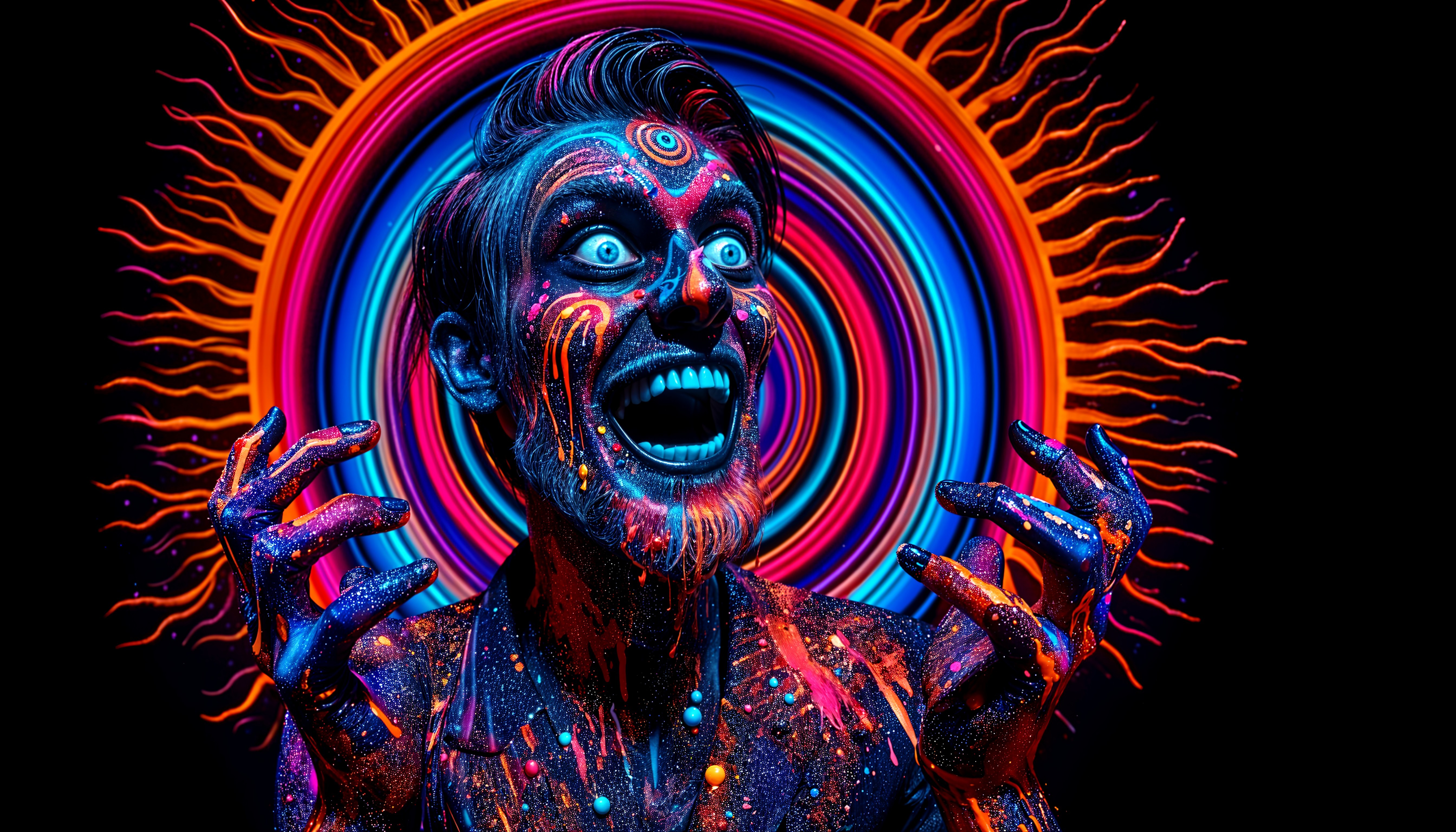 Neon Body Paint Against Colorful Swirling Backdrop