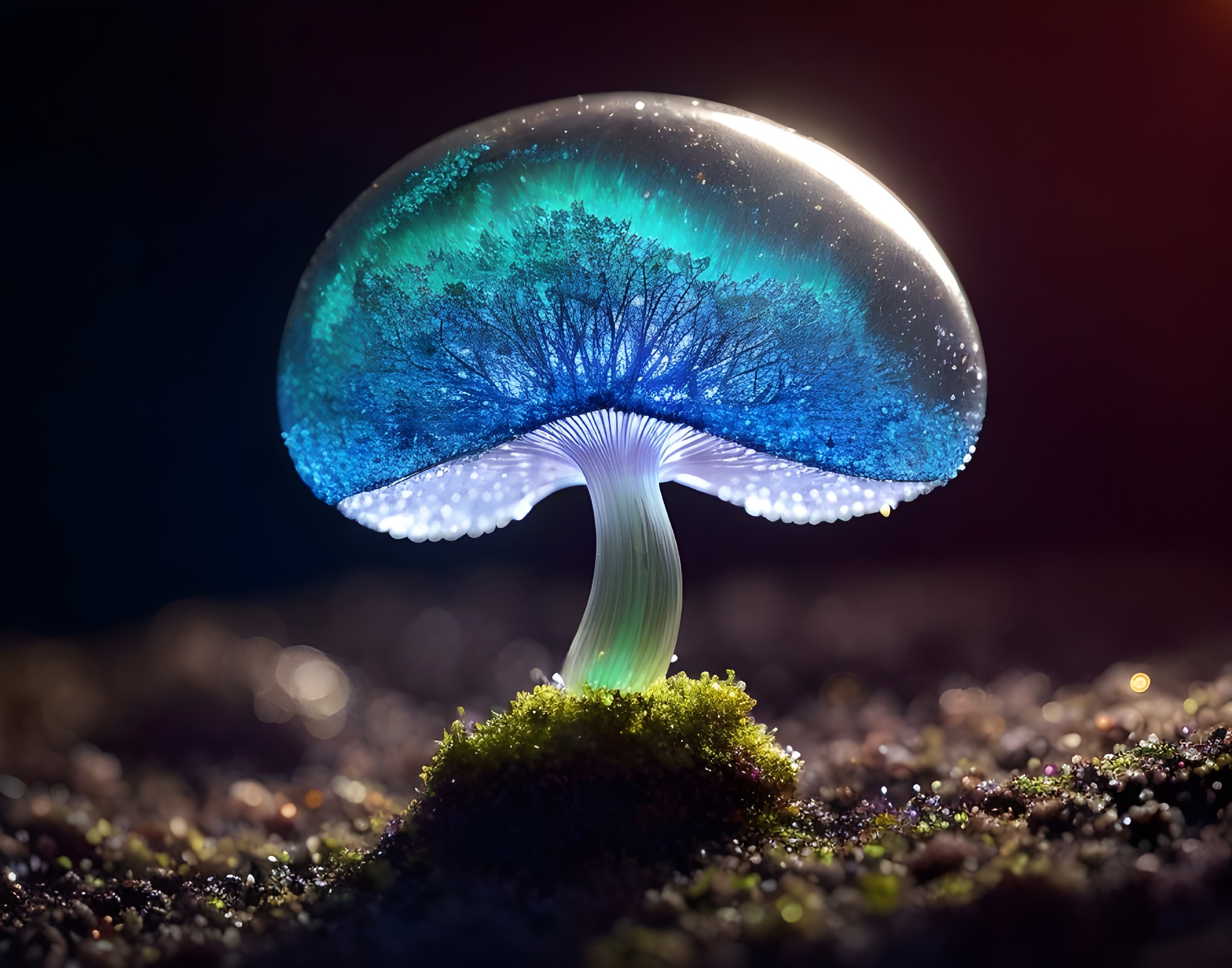 Translucent blue cap mushroom on mossy surface