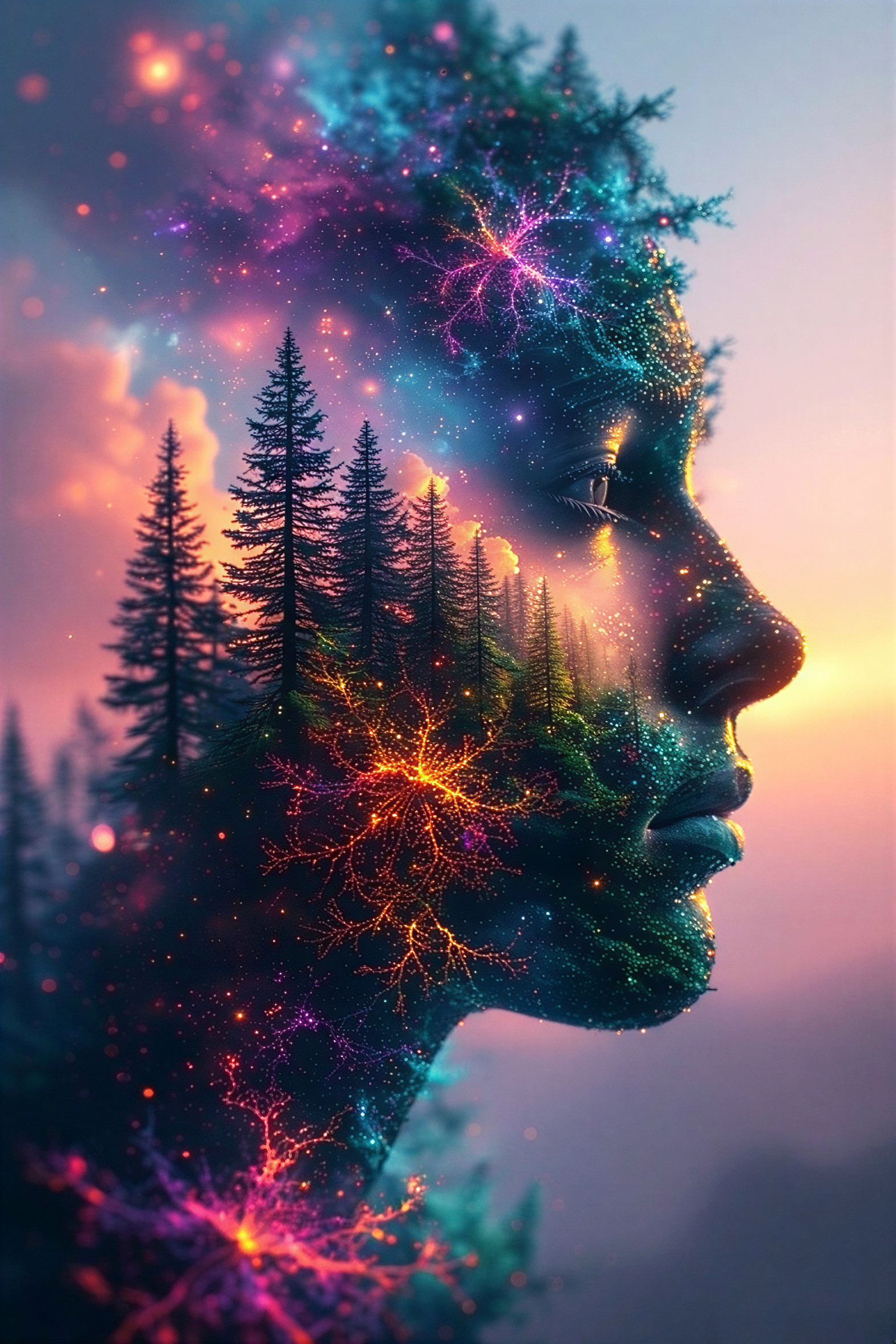 Surreal Double Exposure of Face with Nature and Cosmos