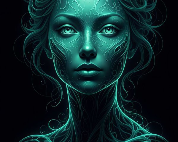 Cyan Line Portrait of Woman on Black Background