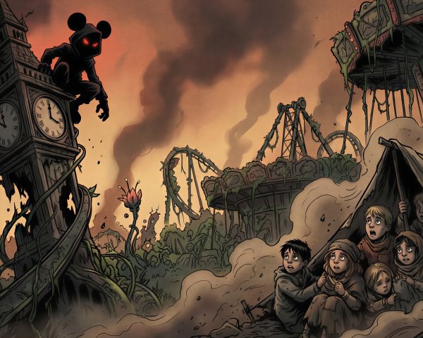 Post-apocalyptic scene with Big Ben and children huddled