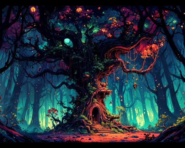 Ancient Tree in Mystical Forest with Enchanted Features