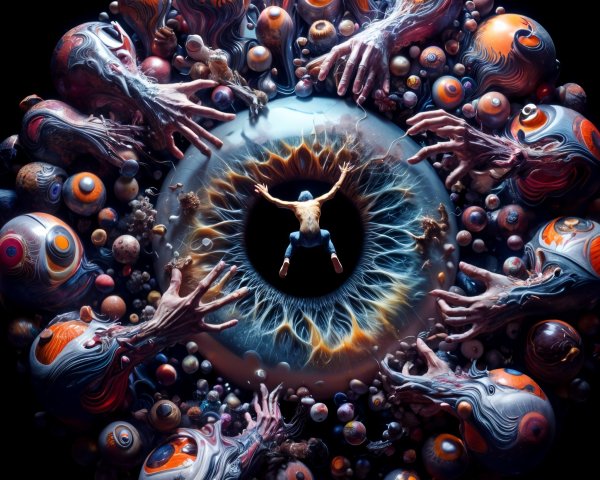 Surreal Composition with Central Eye and Colorful Orbs