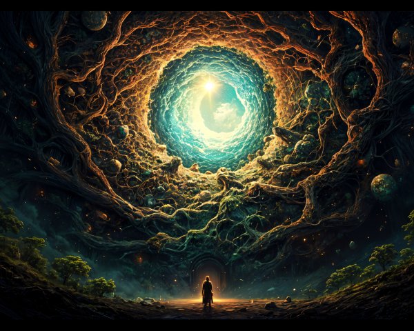 Cavernous Landscape with Portal and Celestial Elements