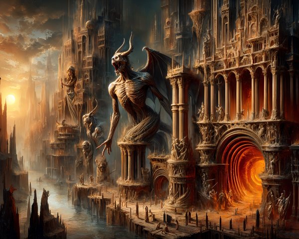 Dark Fantastical Landscape with Gothic Architecture
