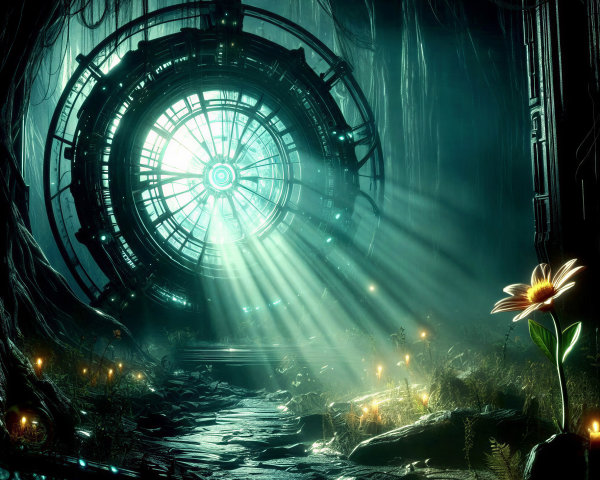 Luminous Portal in Dark Overgrown Cavern Scene