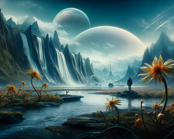 Fantastical Landscape with Waterfalls and Celestial Bodies