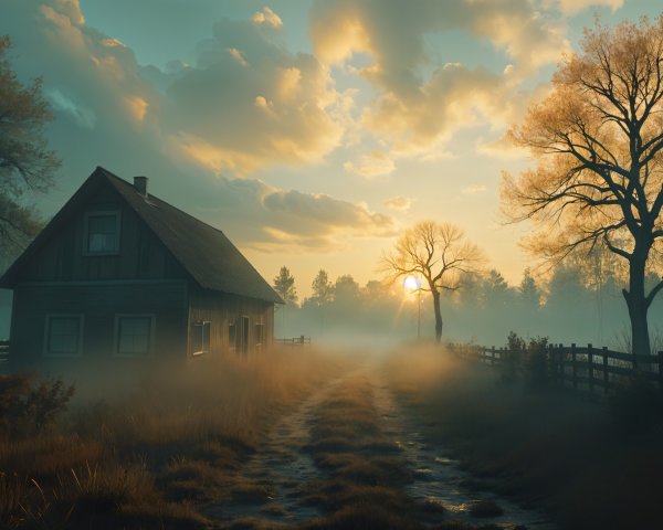 Serene Countryside Scene at Sunset with Wooden House