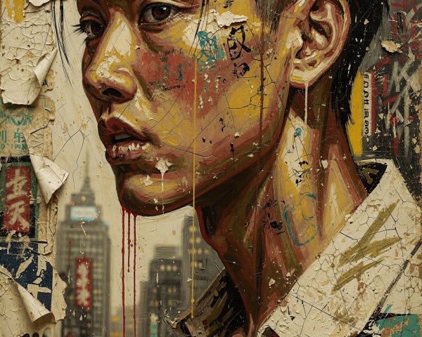 Digital Mixed Media Portrait of Intense Asian Man