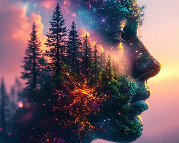 Surreal Double Exposure of Face with Nature and Cosmos
