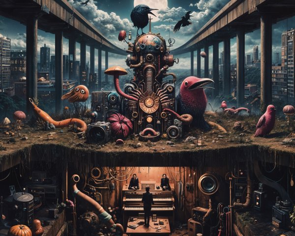 Surreal Urban Decay with Nature and Robotics Scene