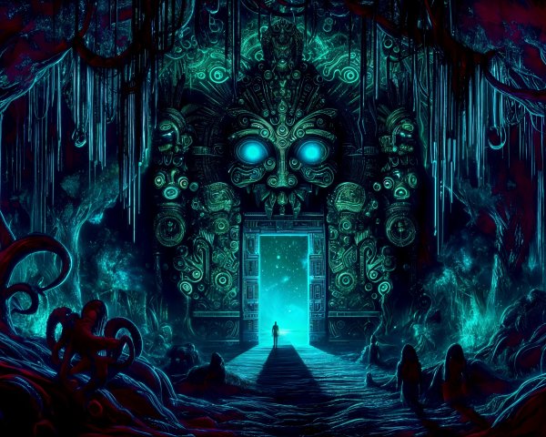 Mysterious Cave Scene with Ethereal Blue Glow
