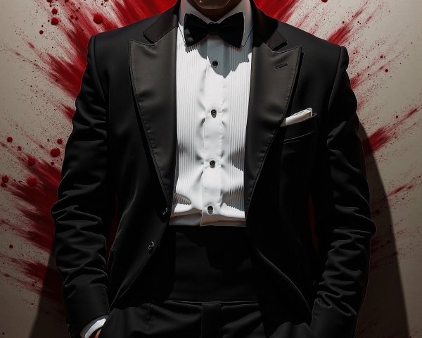 Bald Man in Tuxedo Against Red Splatters Background