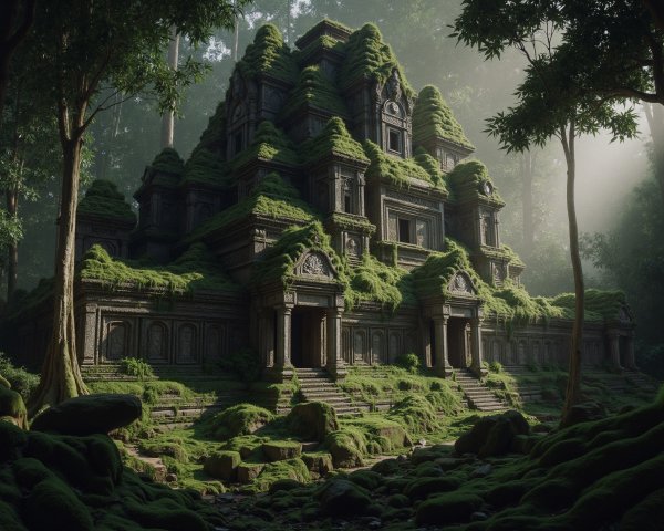 Ancient Moss-Covered Temple in Lush Jungle Setting