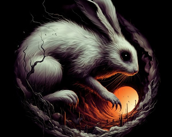 Mystical White Rabbit in Dark Tunnel at Sunset