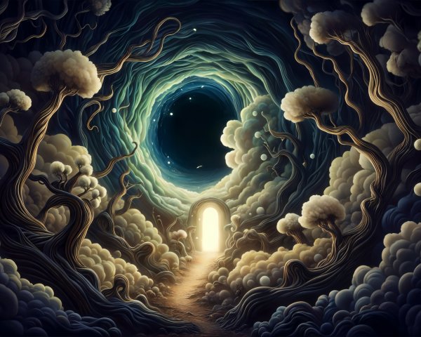 Surreal Dreamlike Scene with Vortex and Glowing Door