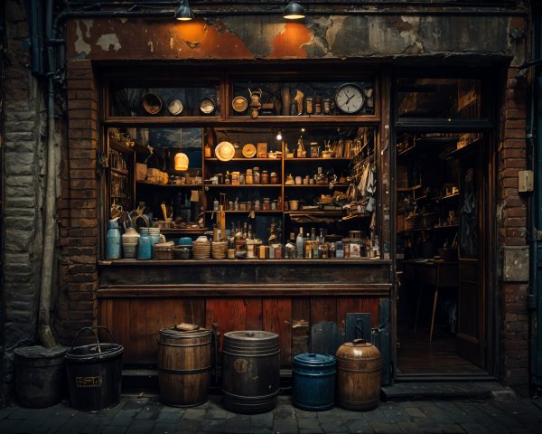 Rustic storefront with jars, pots, and wooden items