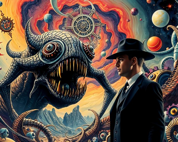 Man in Suit Faces Cosmic Creature in Surreal Scene
