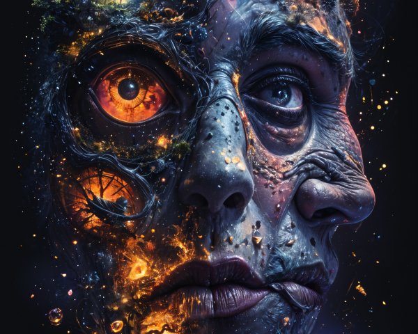 Surreal Artwork of Human Face with Cosmic Elements
