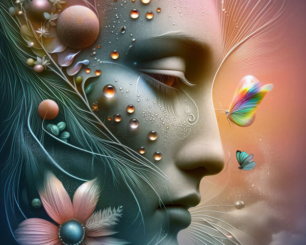 Ethereal Portrait with Floral Elements and Butterflies