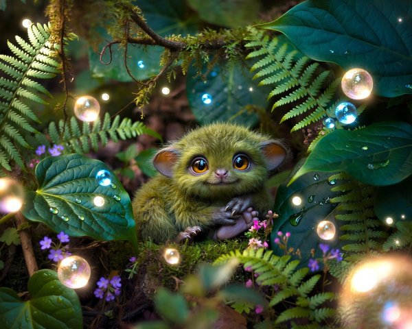 Fluffy Green Creature Amidst Moss and Flowers