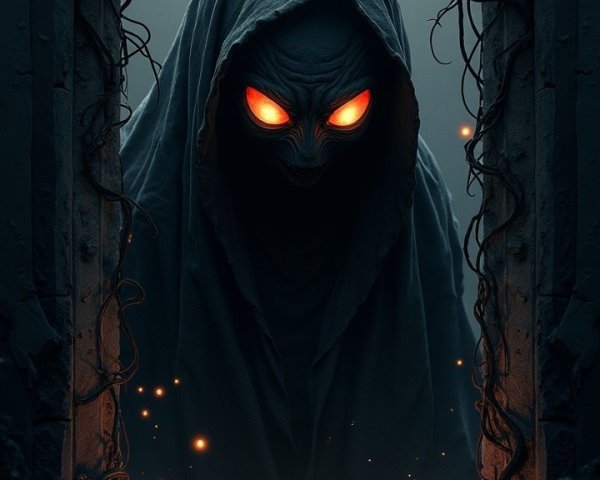 Eerie Cloaked Figure in Dimly Lit Doorway