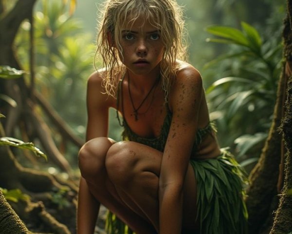 Young woman in jungle with leaf bikini and nature decor