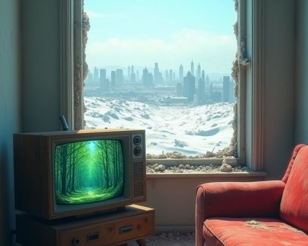 Post-Apocalyptic Interior with Snowy Urban Landscape