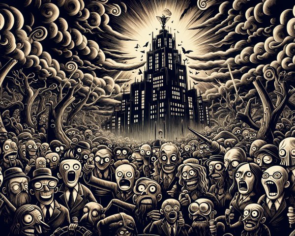 Intricate Black and White Drawing of Grotesque Crowd Scene