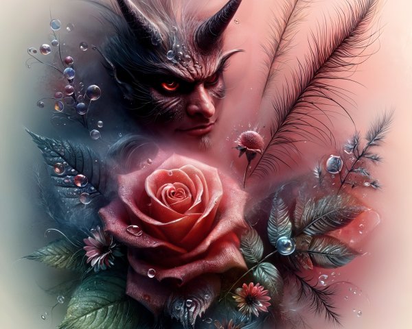 Surreal Composition of Malevolent Figure and Flowers