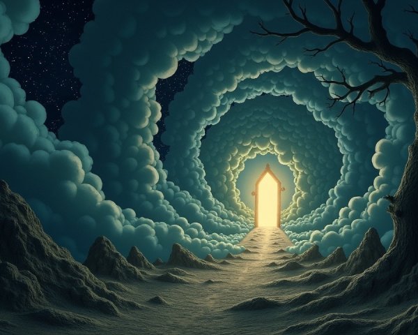 Surreal Landscape with Clouds and Glowing Doorway