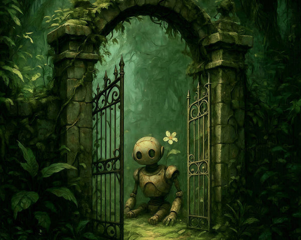 Whimsical Robot in Lush Jungle with Rusty Gates