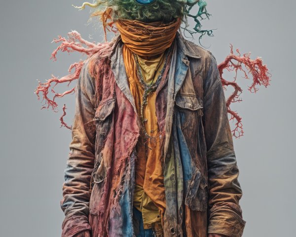 Surreal Figure with Tentacle Head and Tattered Clothing