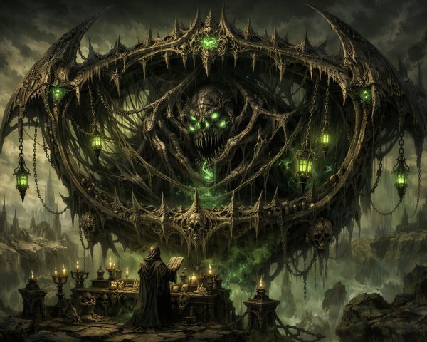 Gothic Fantasy Scene with Skull Monster and Magician