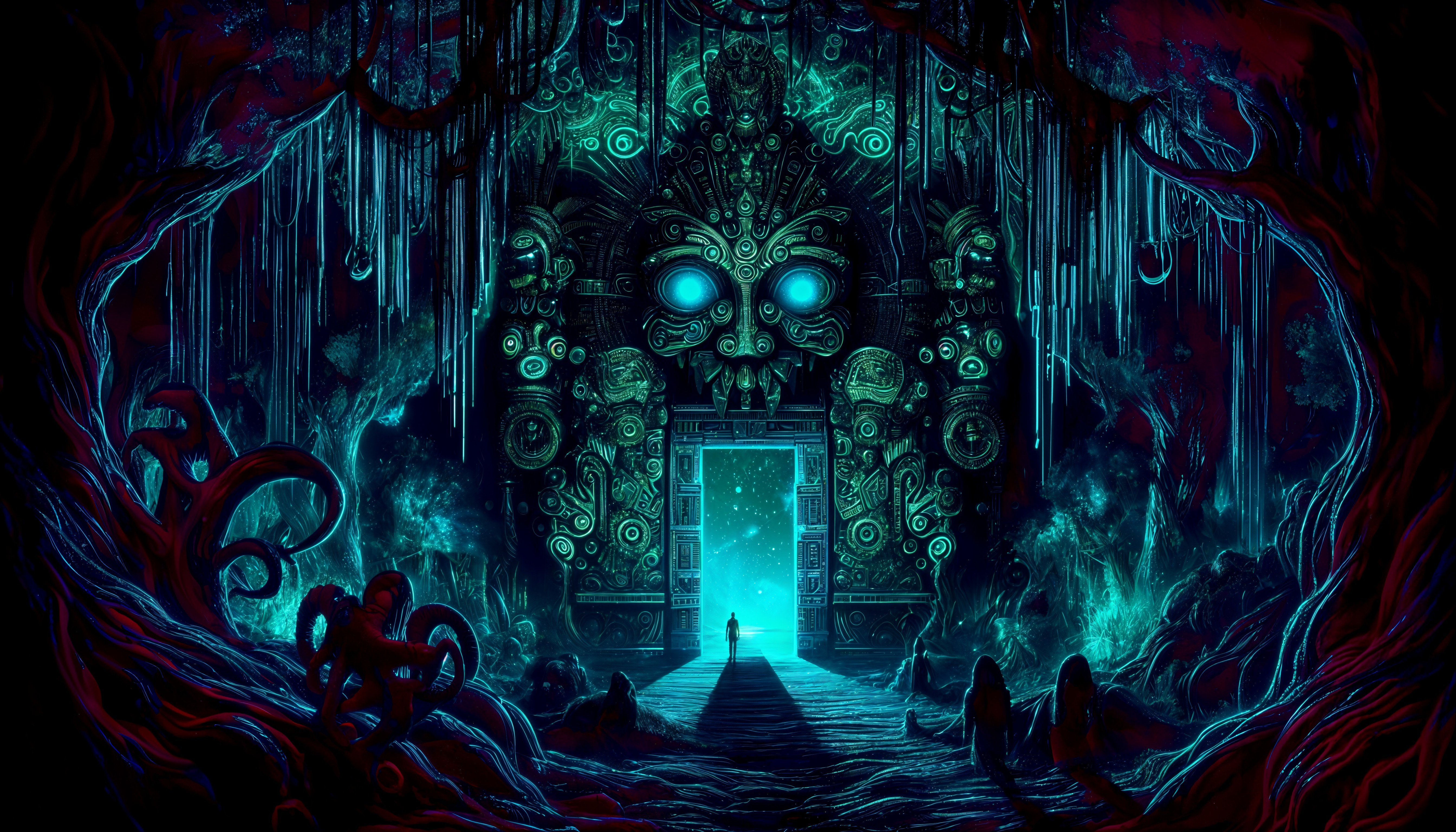 Mysterious Cave Scene with Ethereal Blue Glow
