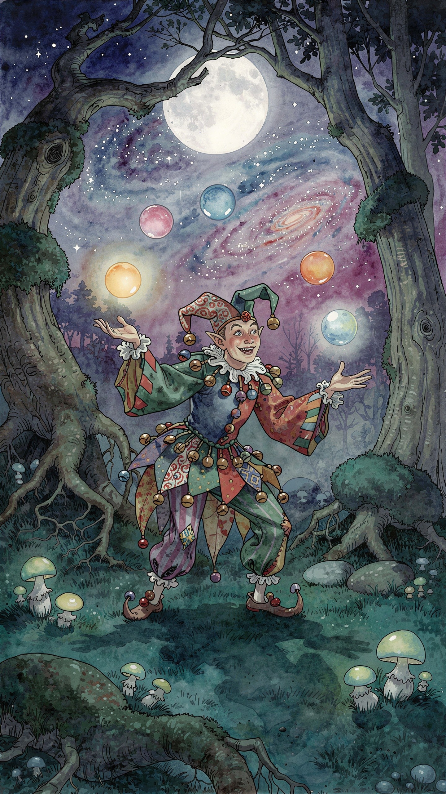 Watercolour Painting of a Jester Juggling Planets