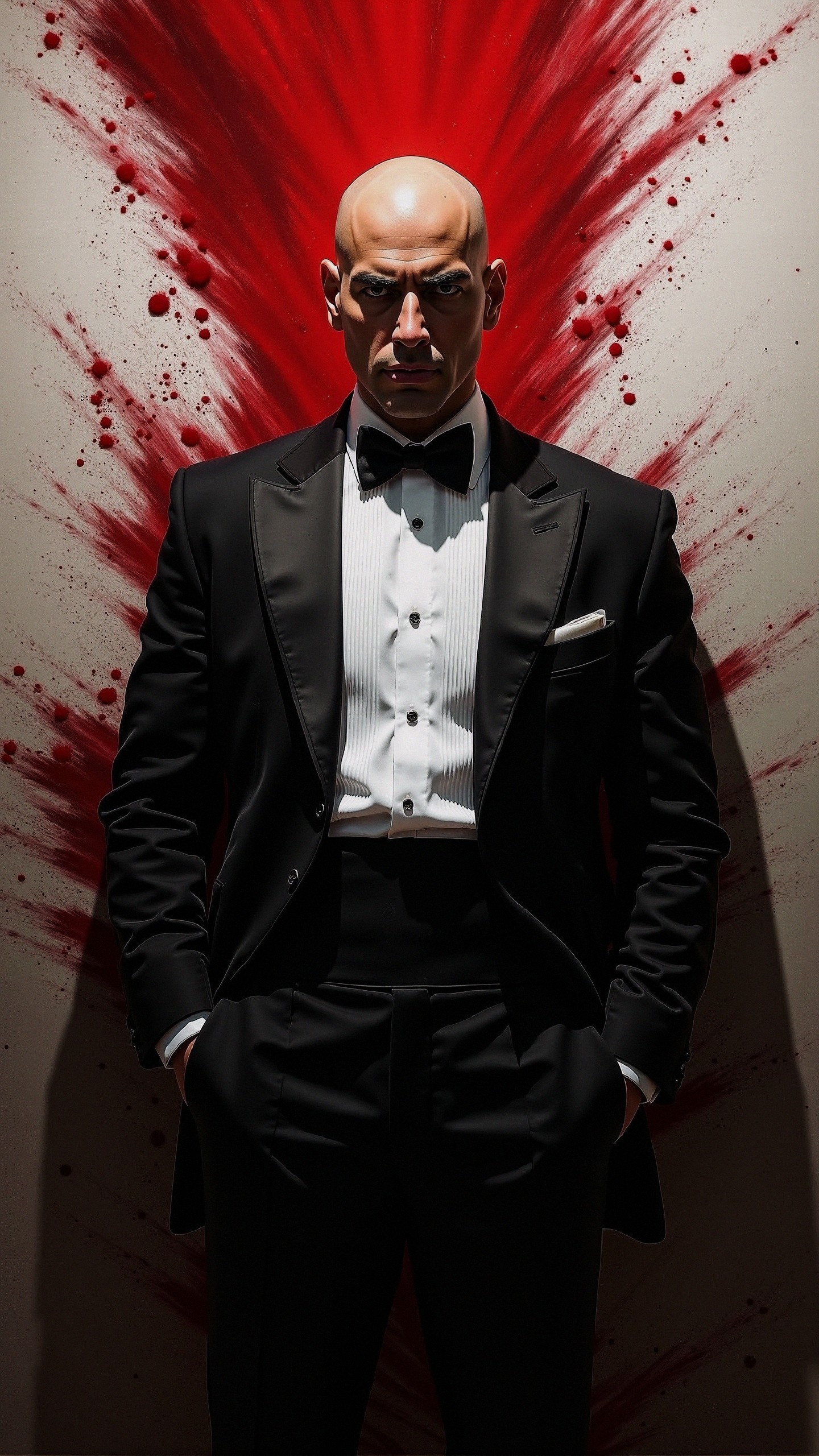 Bald Man in Tuxedo Against Red Splatters Background