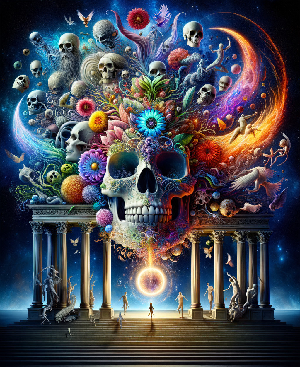 Surreal Scene with Skull, Colors, and Ethereal Figures