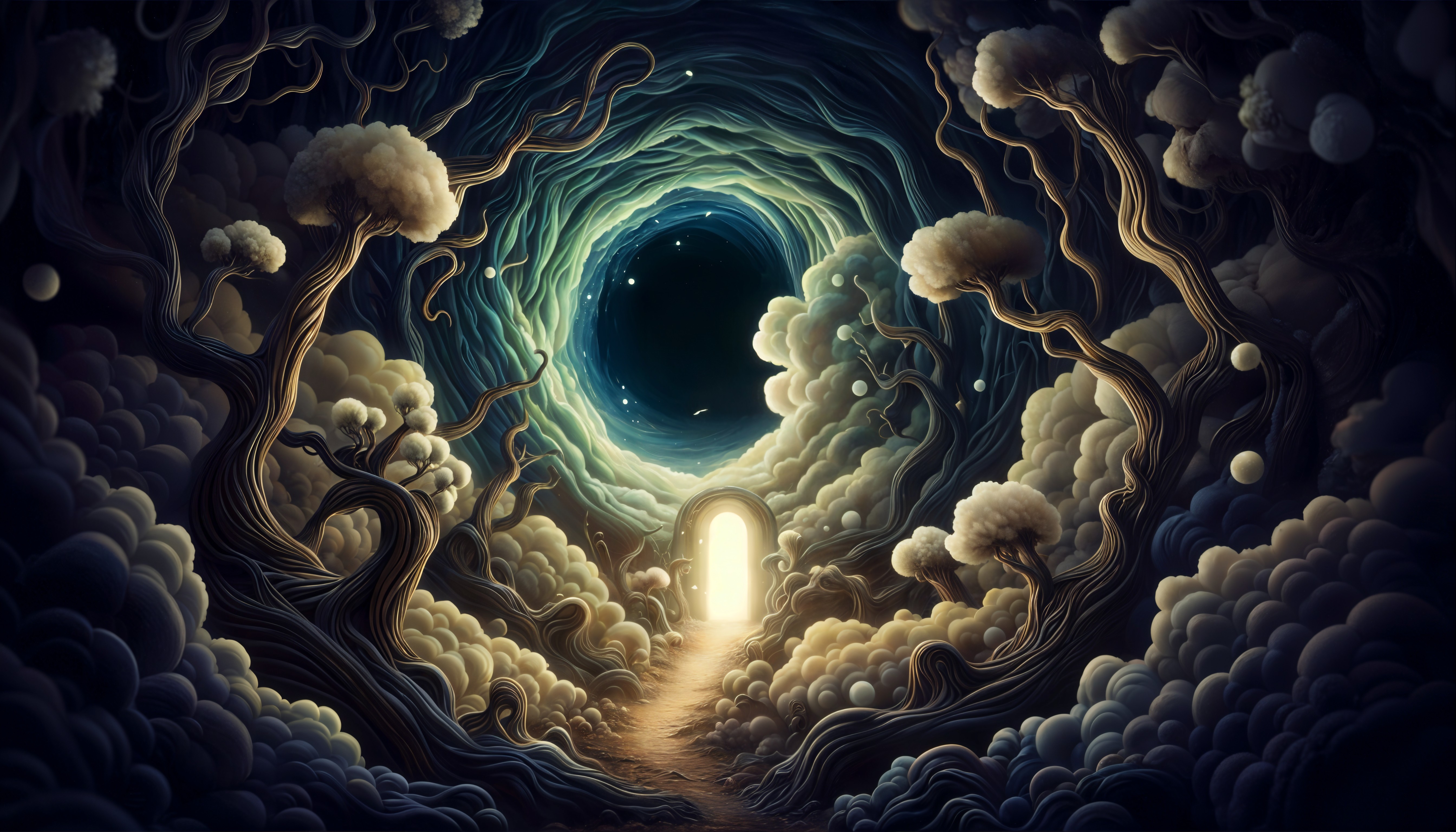Surreal Dreamlike Scene with Vortex and Glowing Door