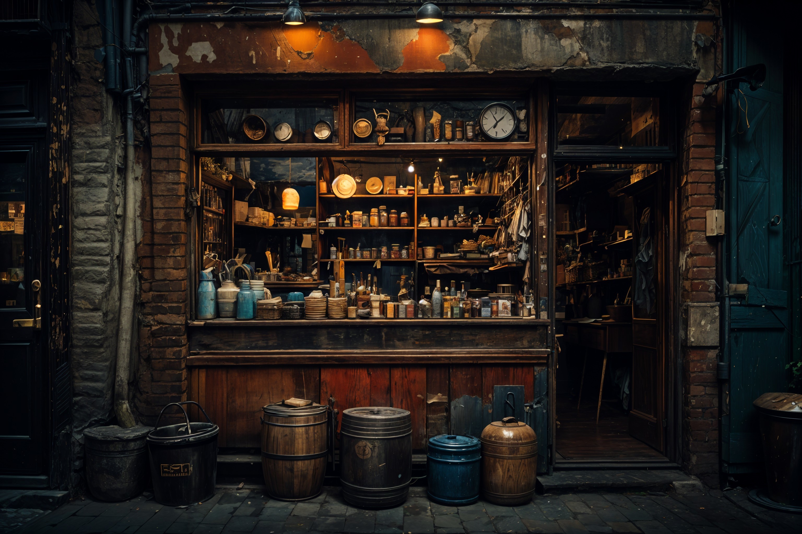 Rustic storefront with jars, pots, and wooden items