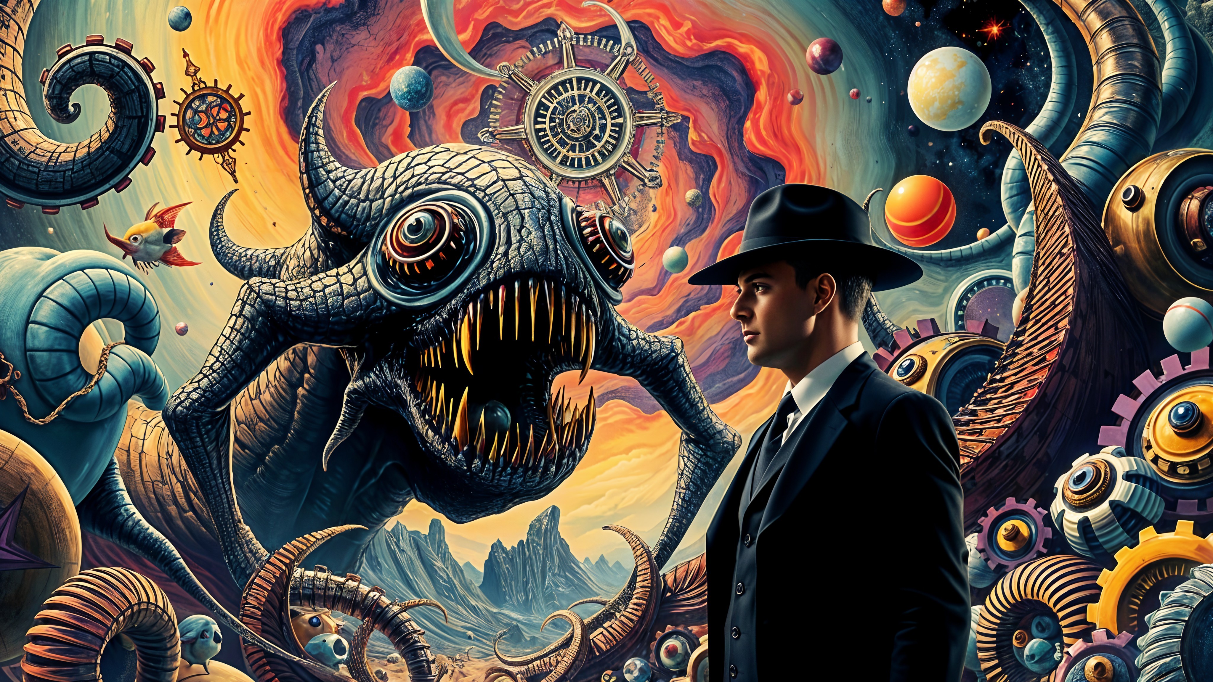 Man in Suit Faces Cosmic Creature in Surreal Scene