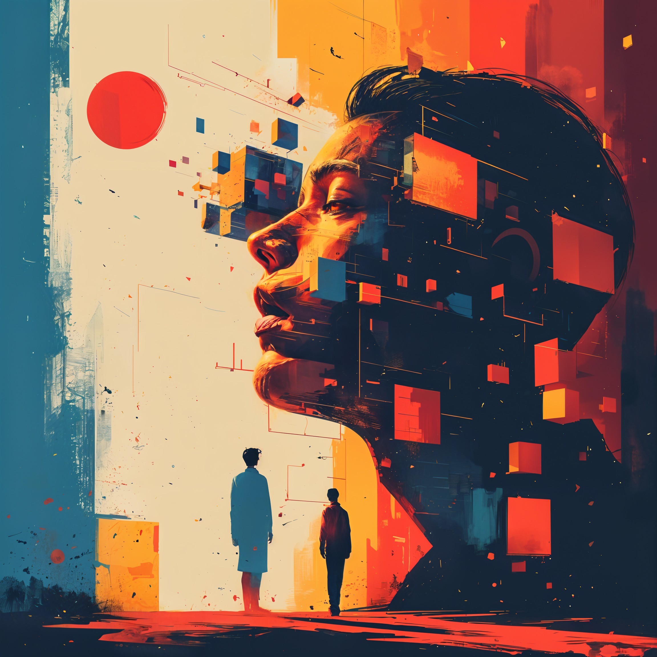 Abstract Human Profile with Geometric Shapes and Silhouettes