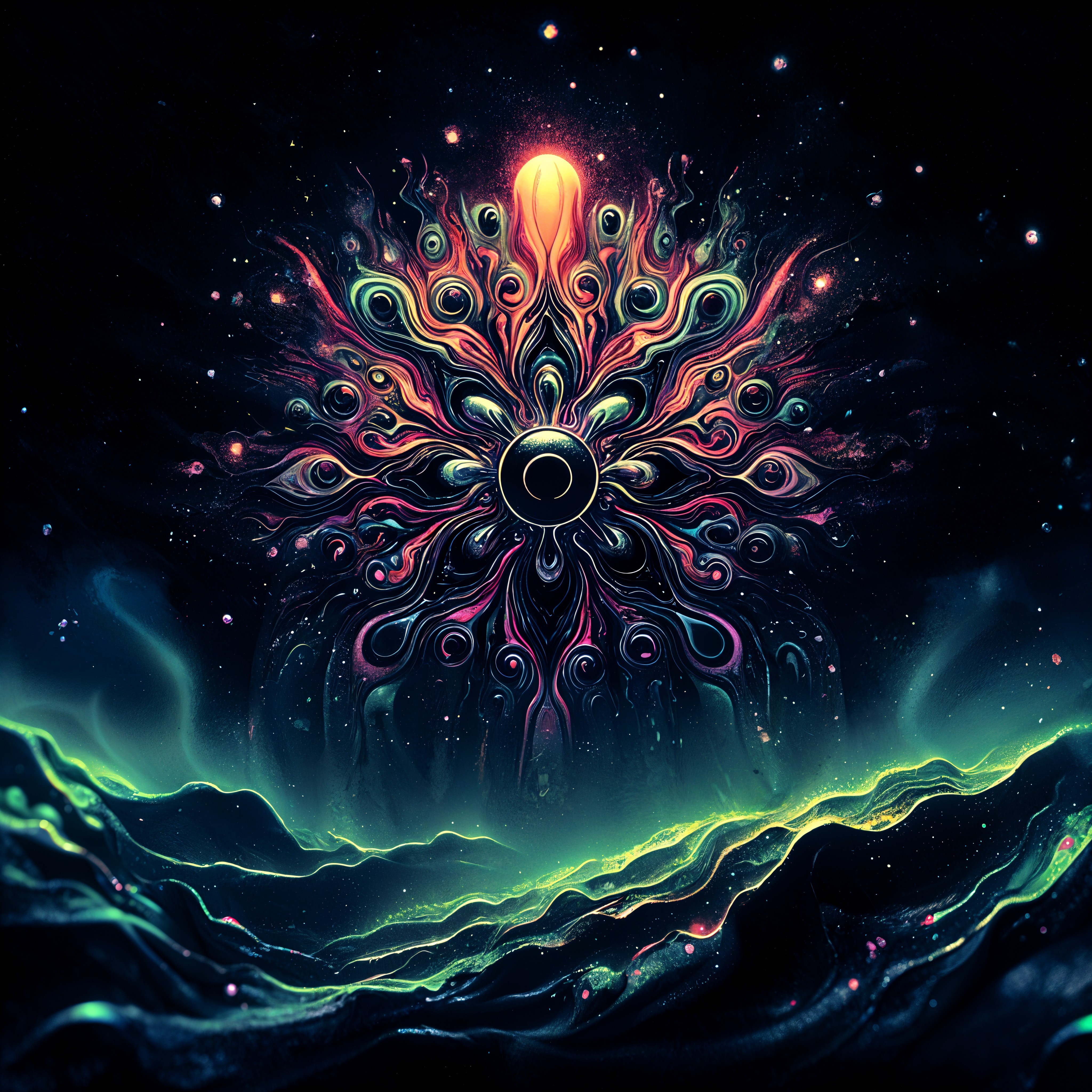 Vibrant Cosmic Design with Central Orb and Landscape