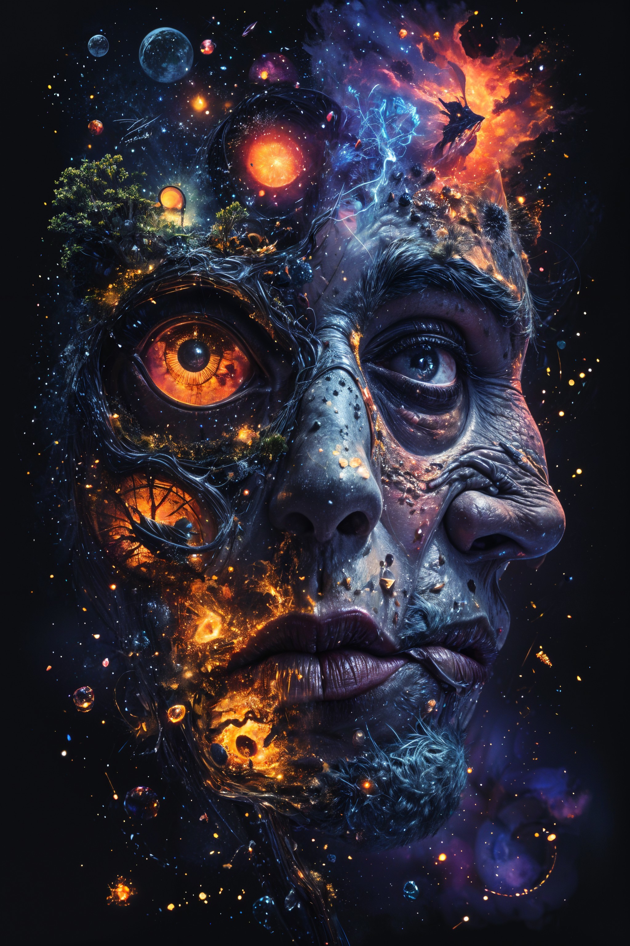 Surreal Artwork of Human Face with Cosmic Elements