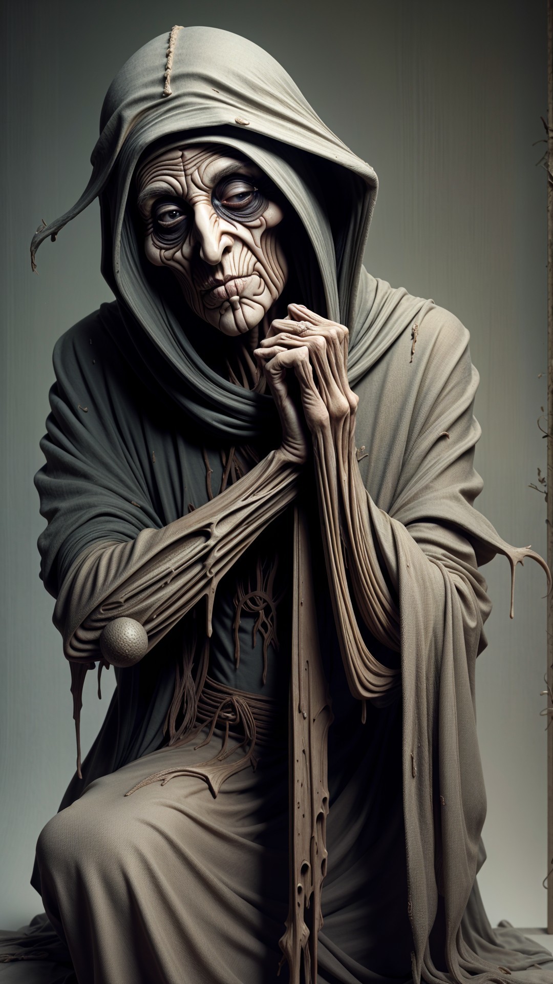 Skeletal Figure in Tattered Cloak with Eerie Atmosphere