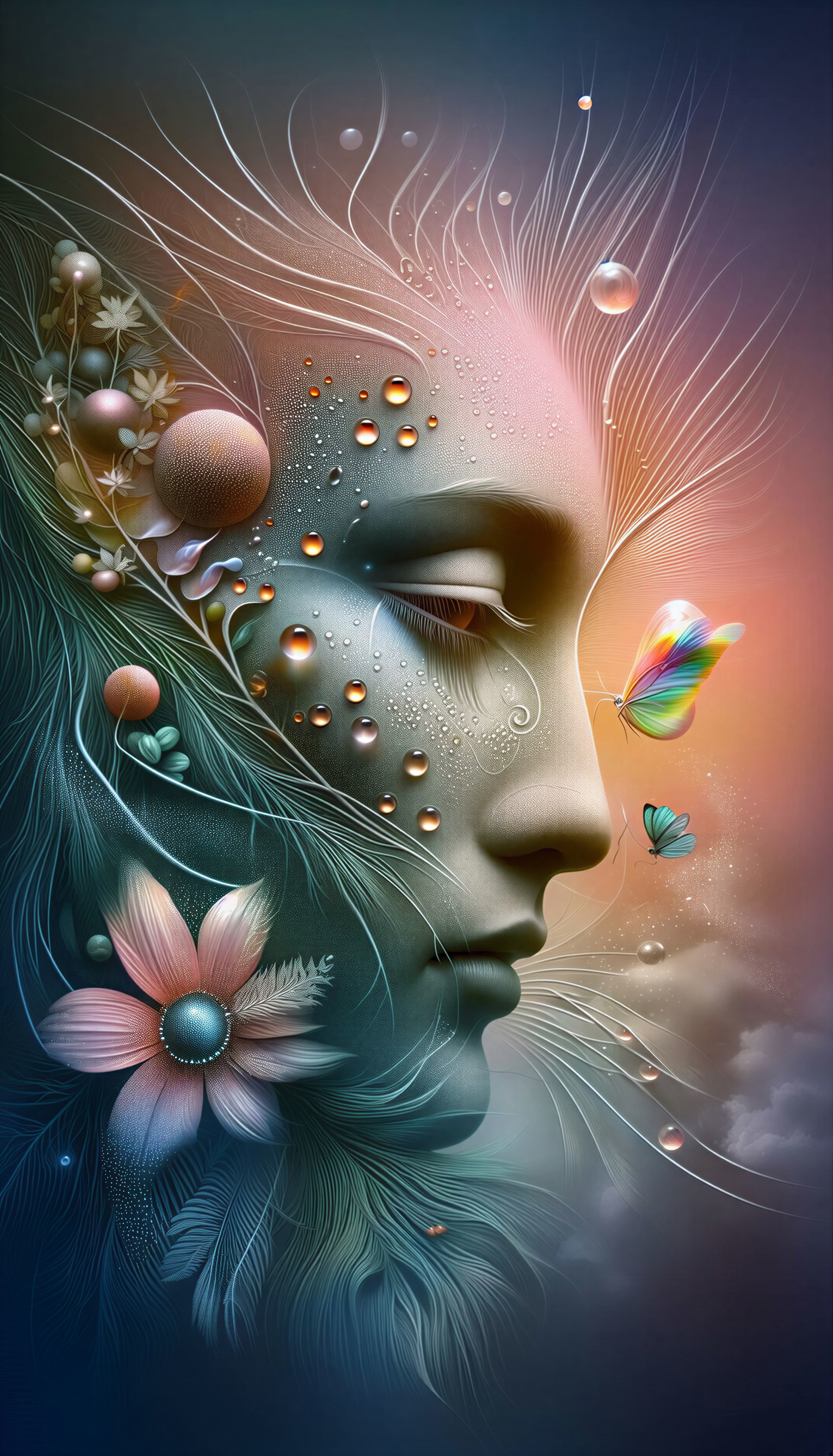 Ethereal Portrait with Floral Elements and Butterflies