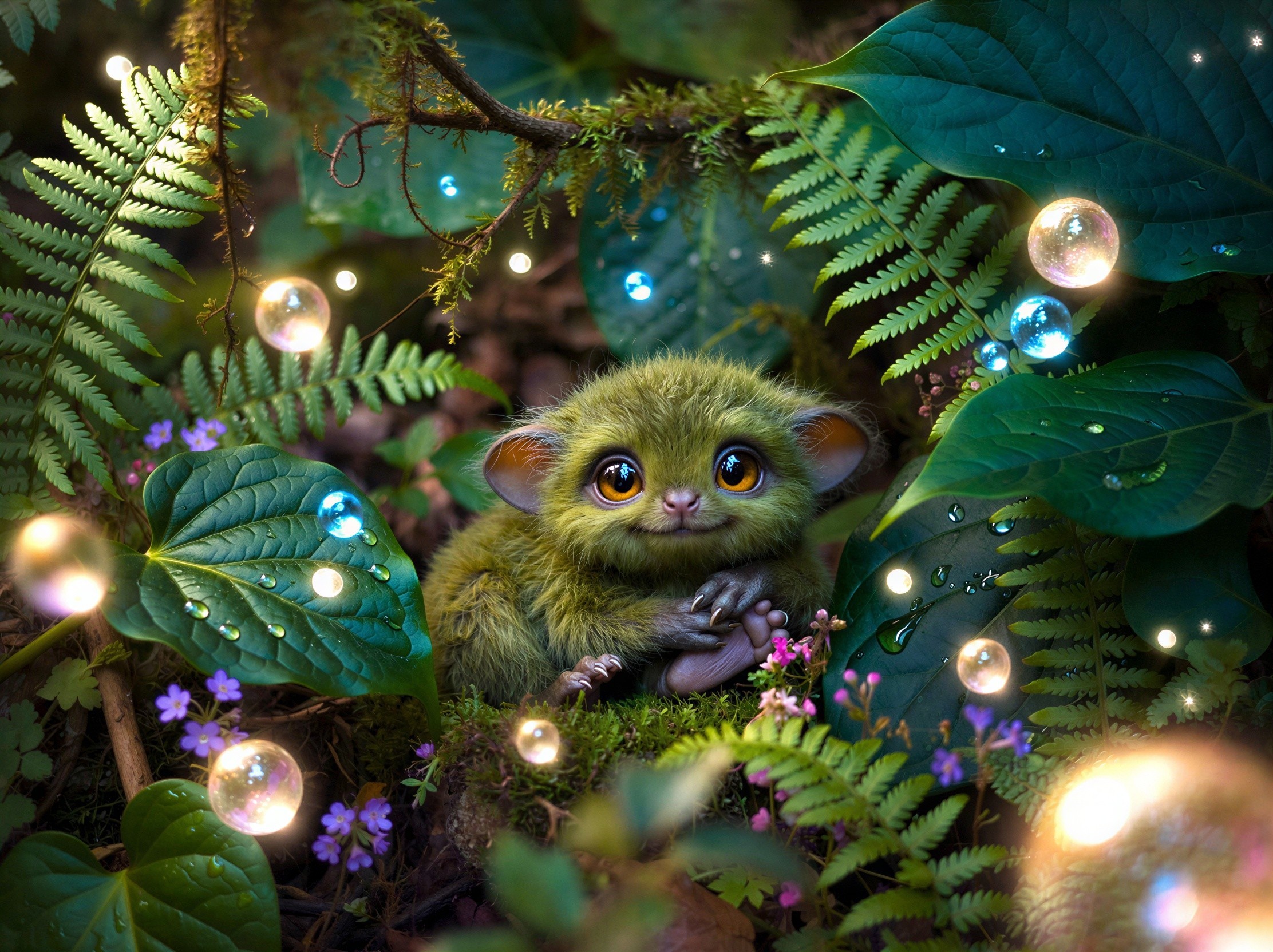 Fluffy Green Creature Amidst Moss and Flowers