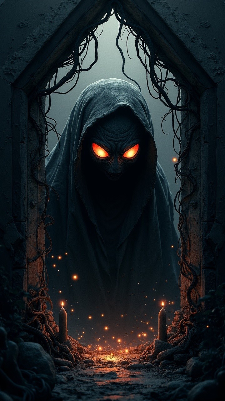 Eerie Cloaked Figure in Dimly Lit Doorway